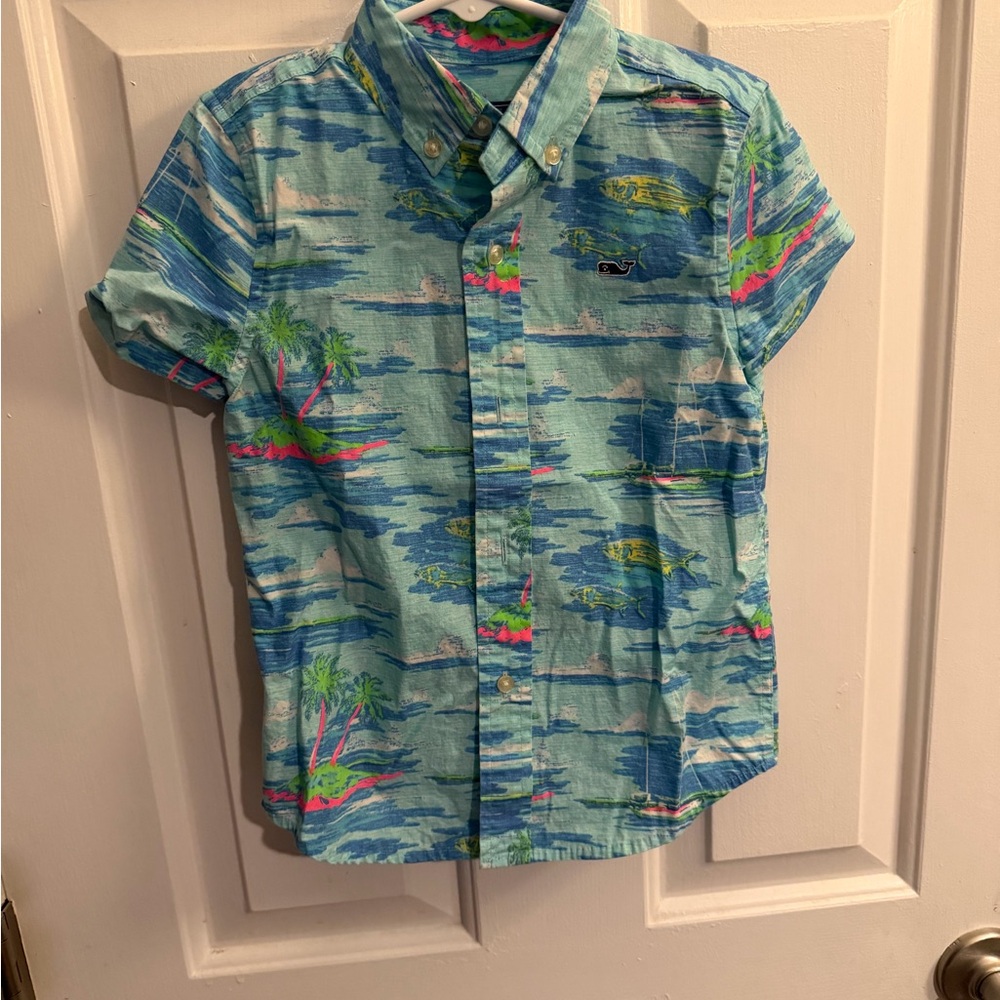 Vineyard Vines Kids Tropical Button Down Shirt - Blue and Pink